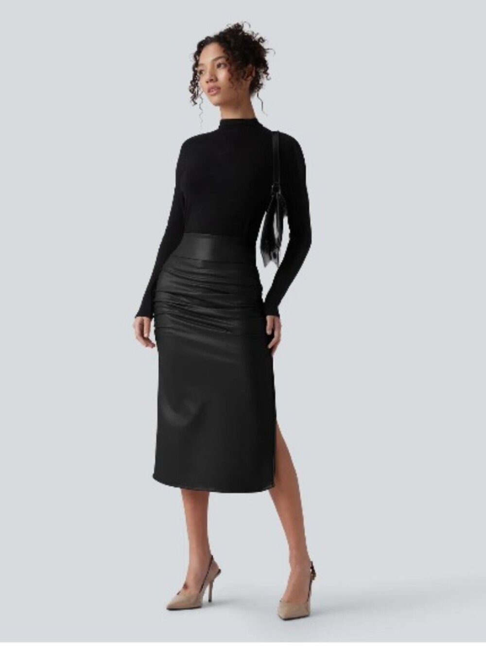 High Waisted Tummy Control Ruched Curved Hem 2-in-1 Fleece PU Midi Casual Skirt